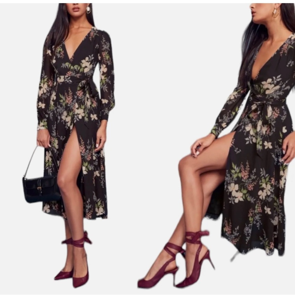 Reformation Dress Women’s S Black Floral Susanna Wrap Maxi Long Sleeve Isabella